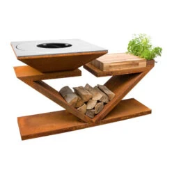 Braséro Plancha Artiss G5 Corten 90 Cm Plaque Inox Et Tablette Bois -Pas Cher Barbecue & Brasero Magasin brasero artiss g5 corten plancha acier inoxydable et tablette bois 2