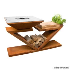 Braséro Plancha Artiss G5 Corten 90 Cm Plaque Inox Et Tablette Bois -Pas Cher Barbecue & Brasero Magasin brasero artiss g5 corten plancha acier inoxydable et tablette bois 4