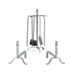 Ensemble Serviteur Et Chenets Tête Martelée Fer Forgé