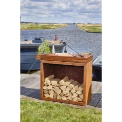 Rangement Bois OFYR Corten Et Plan De Travail Teck 45 X 90 X 88 Cm -Pas Cher Barbecue & Brasero Magasin rangement a bois acier ofyr grand modele 2